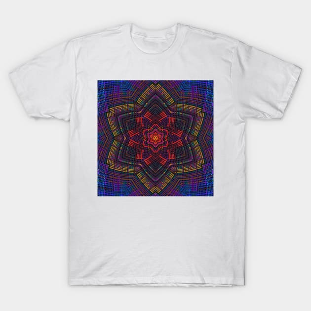 Weave Mandala Purple Red Yellow and Blue T-Shirt by WormholeOrbital